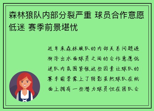 森林狼队内部分裂严重 球员合作意愿低迷 赛季前景堪忧